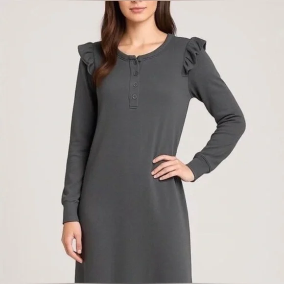 REVOLVE Z Supply NWT Ruffle Henley Maxi Dress Charcoal Gray Long Sleeve, Medium. - Picture 6 of 14